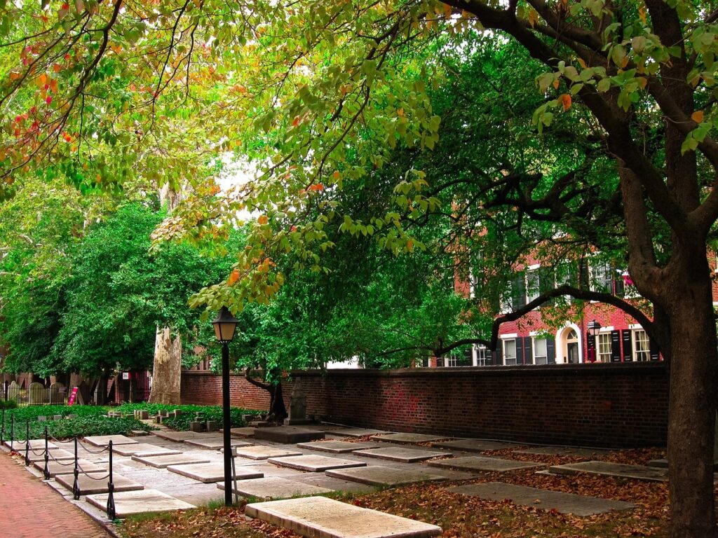 pine street, courtyard, neighbourhood, street, wall, compound, pavement, nature, trees, old city, philadelphia